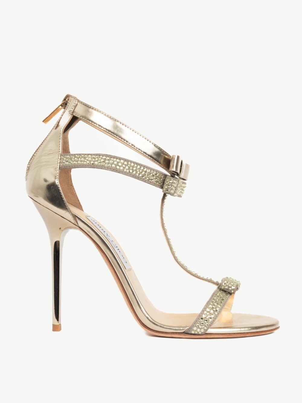 Jimmy Choo Escape Champagne & Lemon Patent & Suede Rhinestone Bow Sandals